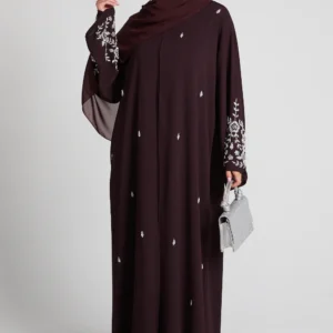 Premium Petal Blossom Abaya Auburn – elegant textured open abaya