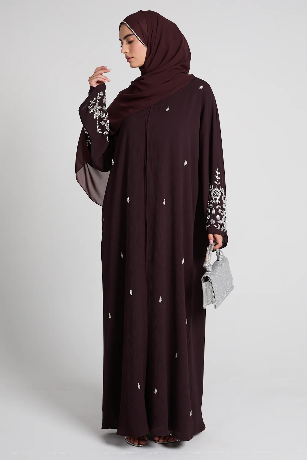 Premium Petal Blossom Abaya Auburn Premium Petal Blossom Abaya Auburn – elegant textured open abaya